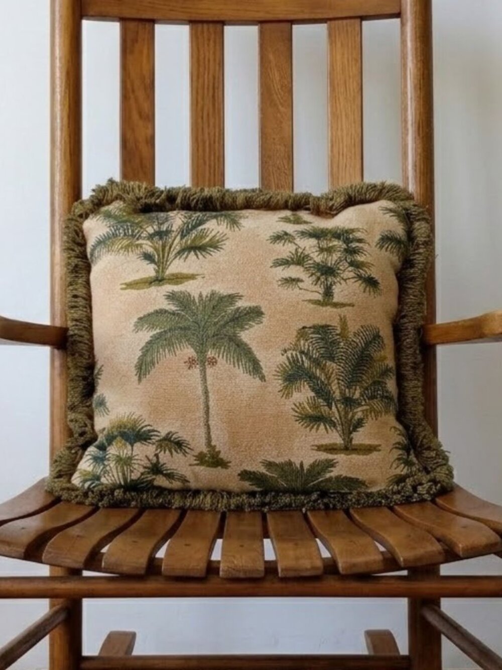 Vintage Borgata Tapestry Throw Pillow Palm Trees with Fringe Coastal Tropical